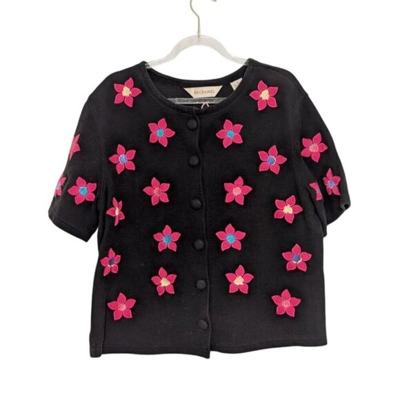 Bechamel Floral Cardigan Womens Size Medium Black Pink Knit Cotton Short Sleeve - Picture 1 of 10